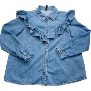 ZARA Womens Denim Long Sleeve Pearl Snap Ruffle Shirt Top Size L Blue Western